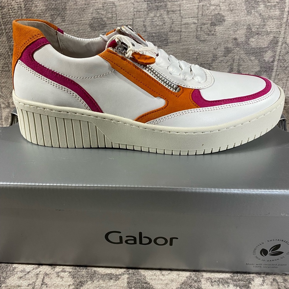 NEW Gabor White Leather Low-Top Sneaker with Pink & Orange Suede Accents